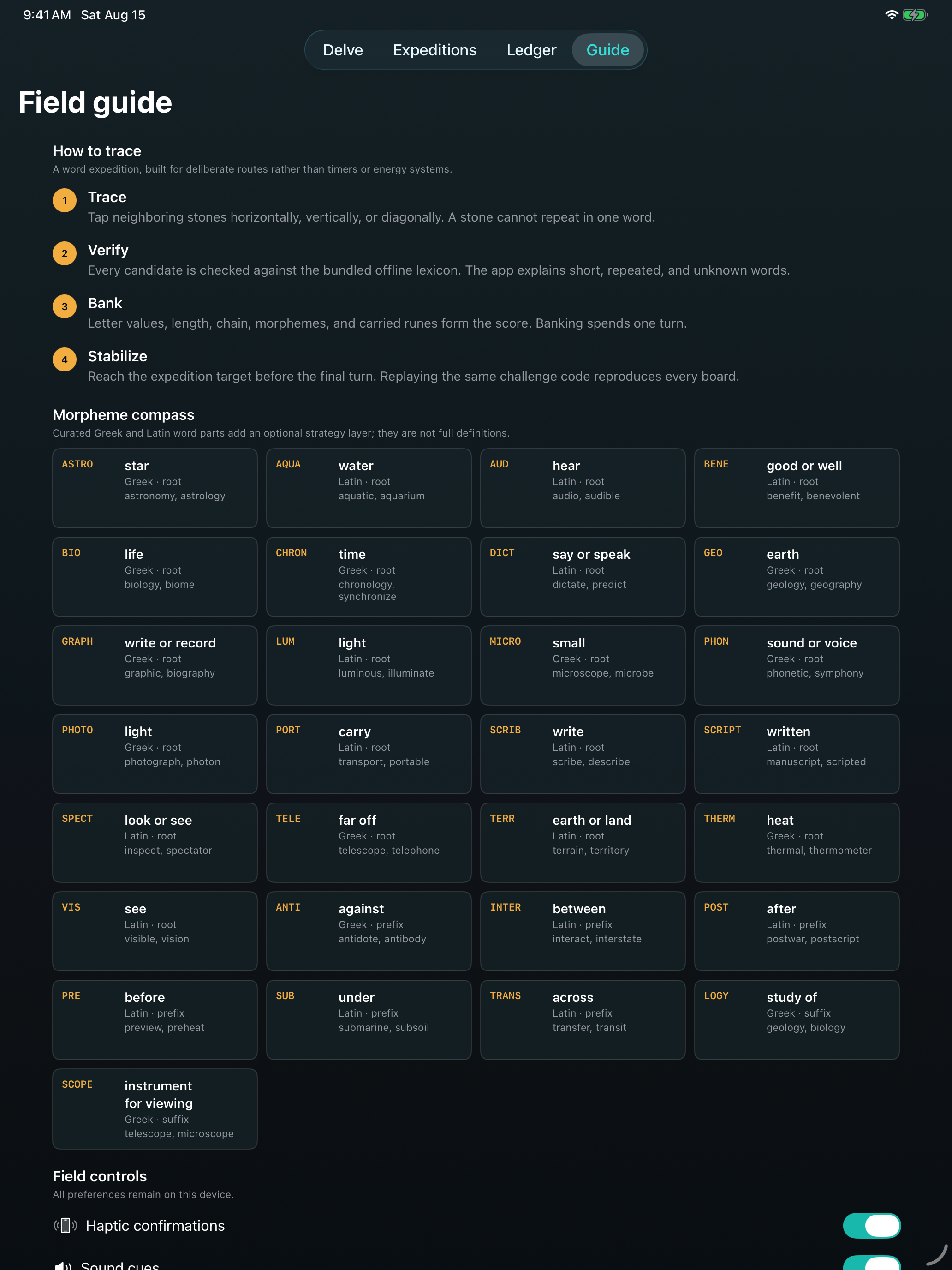 Lexicairn guide showing scoring rules, runes, and word parts