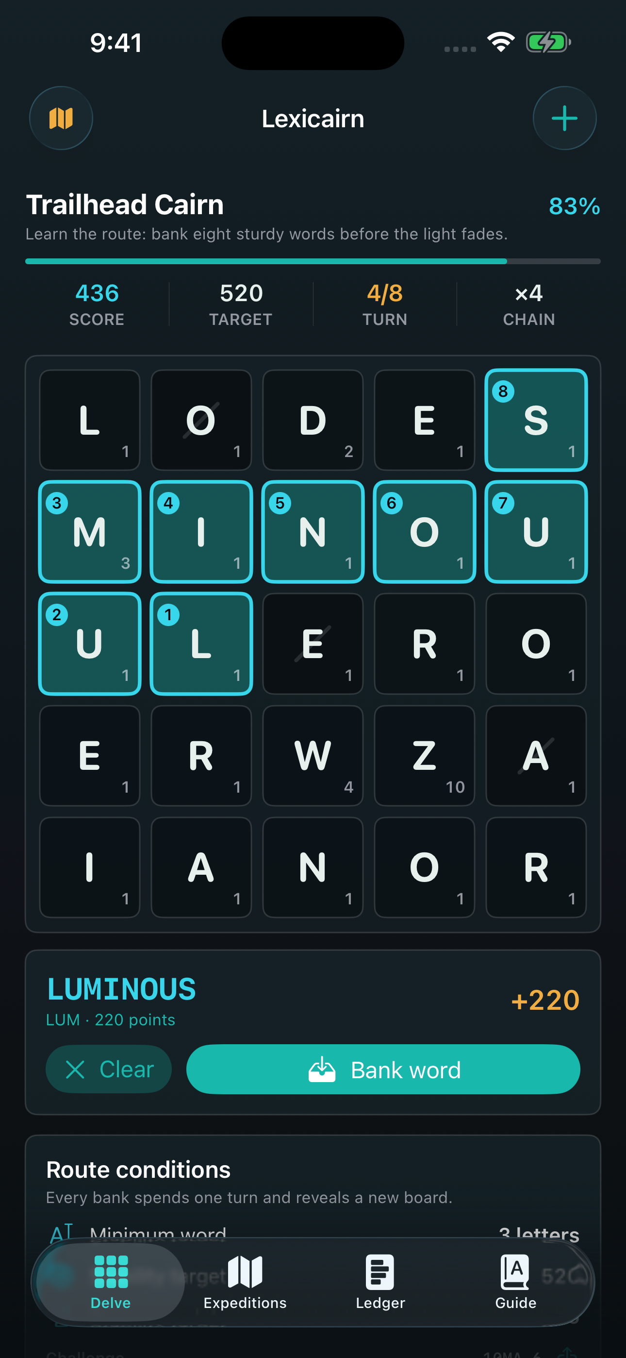 Lexicairn active word route on iPhone